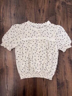 Impressions Ivory Eyelet Blouse with Navy Floral Print